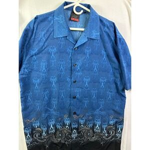 Men's C-TWO Short Sleeve Button Down Shirt with Tribal Flame Dragon Pattern XL